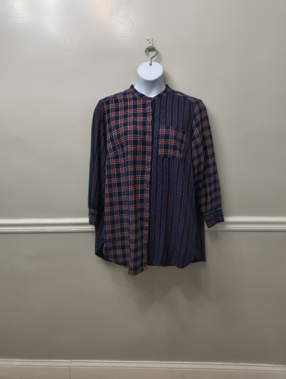 Lands' End Navy and Red Mixed Plaid Button-Down Shirt